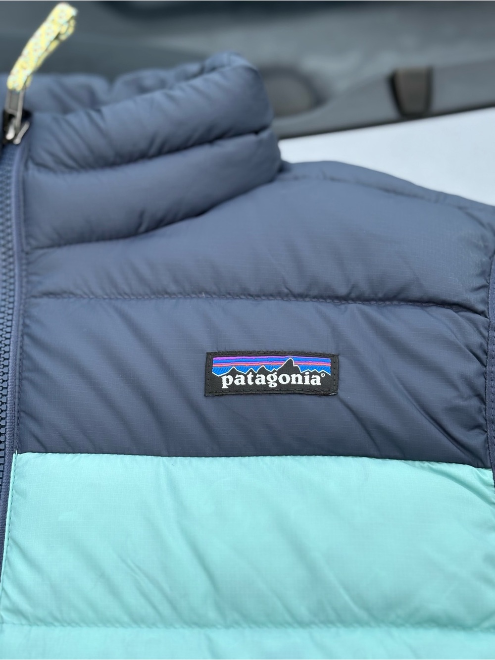 Patagonia Kids Navy and Aqua Colorblock Puffer Jacket